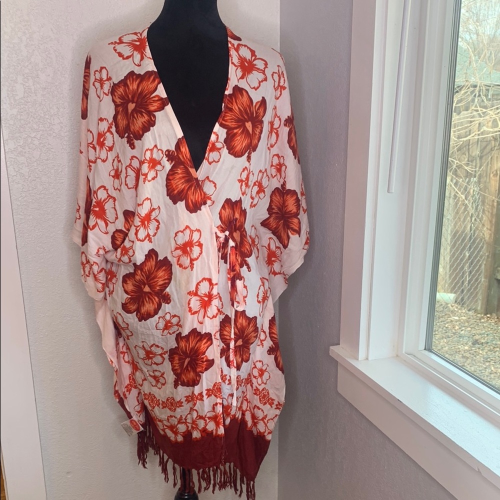 Ucho Bali Floral Rayon Kimono Cover Up Fringe Hem Boho Beach Resort One Size